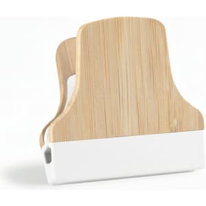A bamboo fridge magnet clip featuring a natural bamboo finish and a white base. It has a simple, modern design.