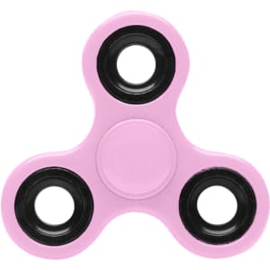 A pink fidget spinner featuring black accents and three arms with circular cutouts, designed as a novelty item.