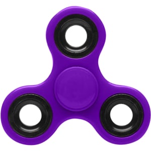 A purple fidget spinner with black bearings in each arm, designed as a novelty item for fun and games.