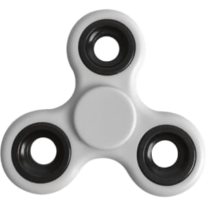A white budget fidget spinner with black bearing covers, featuring a simple three-pronged design.