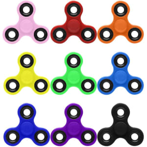 A collection of fidget spinners in various colours: pink, red, orange, yellow, green, blue, black, and purple, with black bearings.
