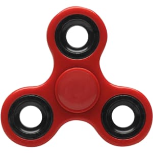 A red fidget spinner with black accents and three spinning arms. It features a central button and has a logo.