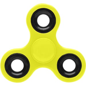 A yellow fidget spinner with black bearings, designed as a novelty item for fun and games.