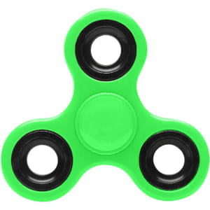 A bright green fidget spinner with black bearings at each end, designed for fun and novelty.