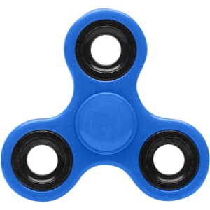 A blue fidget spinner with black bearings, featuring a three-pronged design. It has a logo on one side.