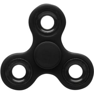 A black fidget spinner featuring three arms, each with a circular cutout, and a central rotating button.