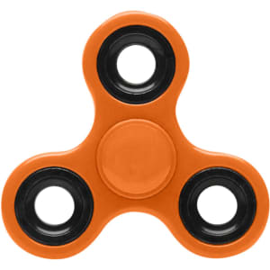 An orange fidget spinner with black bearing caps, featuring a central circular hub and three smooth arms.