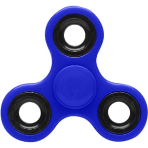 A blue fidget spinner with black bearings and a central button, featuring a smooth, rounded design.