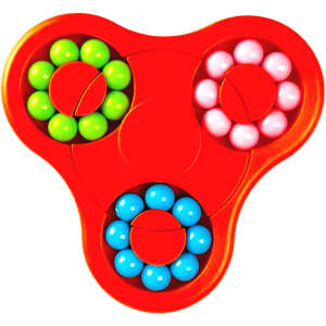 A red Dodi Fidget Spinner with green, blue, pink, and white balls arranged in three sections.