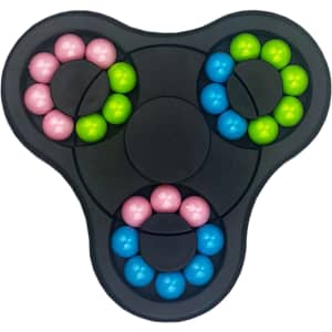 A fidget spinner with three sections, featuring pink, blue, and green balls on a black base. It has a logo.