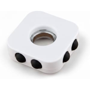 A white decompression finger spinner with three black buttons and a central bearing. It has a smooth, square design.