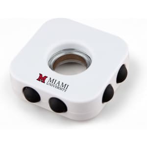 A white decompression finger spinner with three black buttons and a logo.