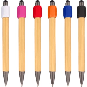 A set of bamboo stylus pens in various colours: white, pink, red, orange, blue, and black, featuring rubber grips.