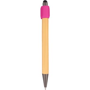 A bamboo stylus pen with a pink cap and silver tip. The pen features a simple, natural design.