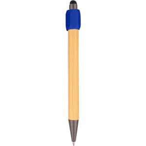 A bamboo stylus pen with a blue cap and a metallic tip, featuring a logo on the cap.