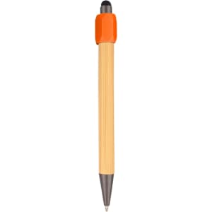 A bamboo stylus pen with an orange top and a silver tip, featuring a simple design and a branding logo.