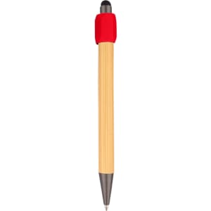 A bamboo stylus pen with a red top and a silver tip, featuring a logo.