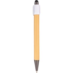 A bamboo stylus pen with a white top and silver tip, designed for writing. It features a logo on the body.