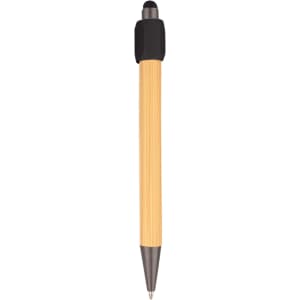 A bamboo stylus pen with a black tip and grip, featuring a sleek, natural wood finish.