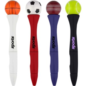 A collection of four fidget spinner pens featuring a basketball, soccer ball, cricket ball, and tennis ball design in various colours.