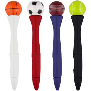 A collection of four fidget spinner pens in white, red, purple, and black, each topped with a different sports ball.