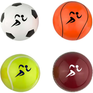 A set of four balls designed as fidget spinner pens: a football, basketball, tennis ball, and a maroon ball, each with a logo.