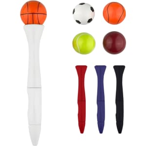 A white pen with a fidget spinner top featuring a basketball, soccer ball, tennis ball, and solid colour balls in red, purple, and black.