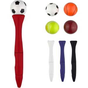A red fidget spinner pen with a soccer ball top and four interchangeable sports balls: orange, tennis, purple, and black.