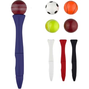 A fidget spinner pen in purple, featuring a cricket ball on top, alongside four small sport balls in various colours.