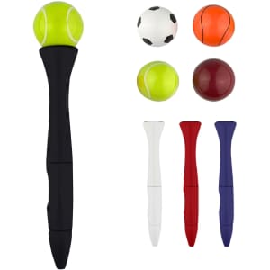 A black pen shaped like a fidget spinner, topped with a green tennis ball and accompanied by small coloured sports balls.
