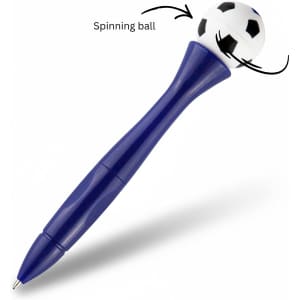 A blue pen featuring a spinning soccer ball on top. Includes a logo on the body of the pen.
