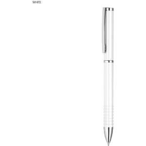 A white metal ball pen with a chrome trim and a textured grip. It features a logo on the barrel.