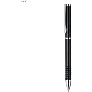 A black metal pen with a sleek design and a silver clip, featuring a textured grip. Branding is present on the pen.