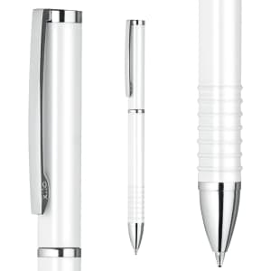 A white metal ball pen features a chrome clip and polished tip, showcasing a sleek and modern design with a textured grip.