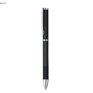 A black writing pencil with a sleek design, featuring a grip and a clip. It has a logo on one side.