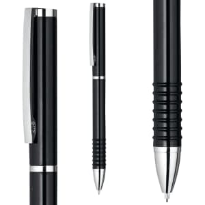 A black grey-lead pencil featuring chrome accents and a textured grip. The product has a logo on it.