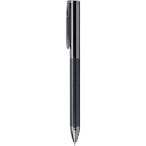 A metal ball pen with a sleek black carbon finish and chrome accents, featuring a clip and a branding logo.