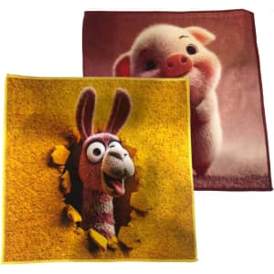 A set of two face washers featuring cartoon characters: one with a pink pig and the other with a smiling llama, in vibrant colours.
