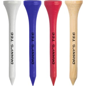 Four golf tees in white, blue, red, and natural wood colour, each featuring a logo.