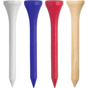 A set of four golf tees in white, blue, red, and natural wood colour, with a logo on some.