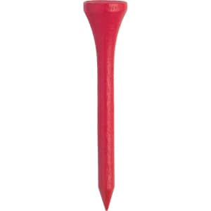 A single red golf tee with a tapered design and a flat top, featuring a logo.