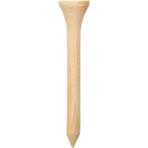 A wooden golf tee in a natural finish, featuring a tapered top and pointed end for easy ground insertion.