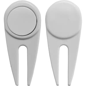 A white plastic golf divot repairer featuring a two-pronged design and a round top. It includes a logo.