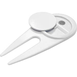 A white plastic golf divot repairer with a round disc and a logo. Ideal for maintaining golf greens.