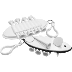 A white golf tee holder with multiple slots for tees and a clip for attachment. Features a smooth, curved design.