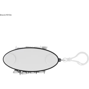 A black and white golf accessory with multiple slots, featuring a clip for attachment. It has a smooth oval shape.