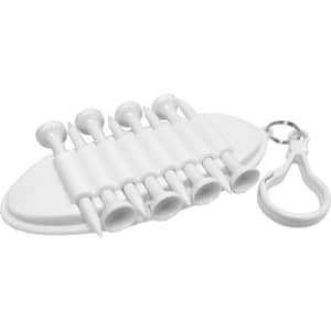 A white golf tee holder with multiple tees and a clip for convenience. Ideal for on-course accessibility.