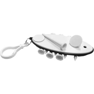 A golf accessory featuring a white and black design with multiple golf tees and a clip attachment.