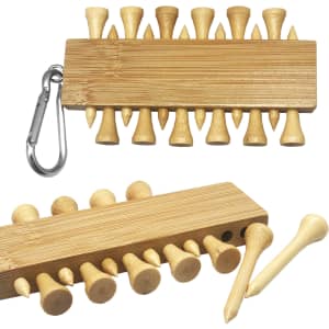 A bamboo golf tee set featuring multiple wooden tees and a carabiner for easy attachment.
