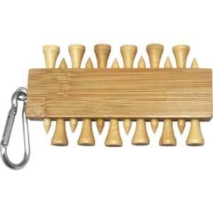 A Bamboo Golf Tee Set featuring wooden tees attached to a bamboo holder with a carabiner.